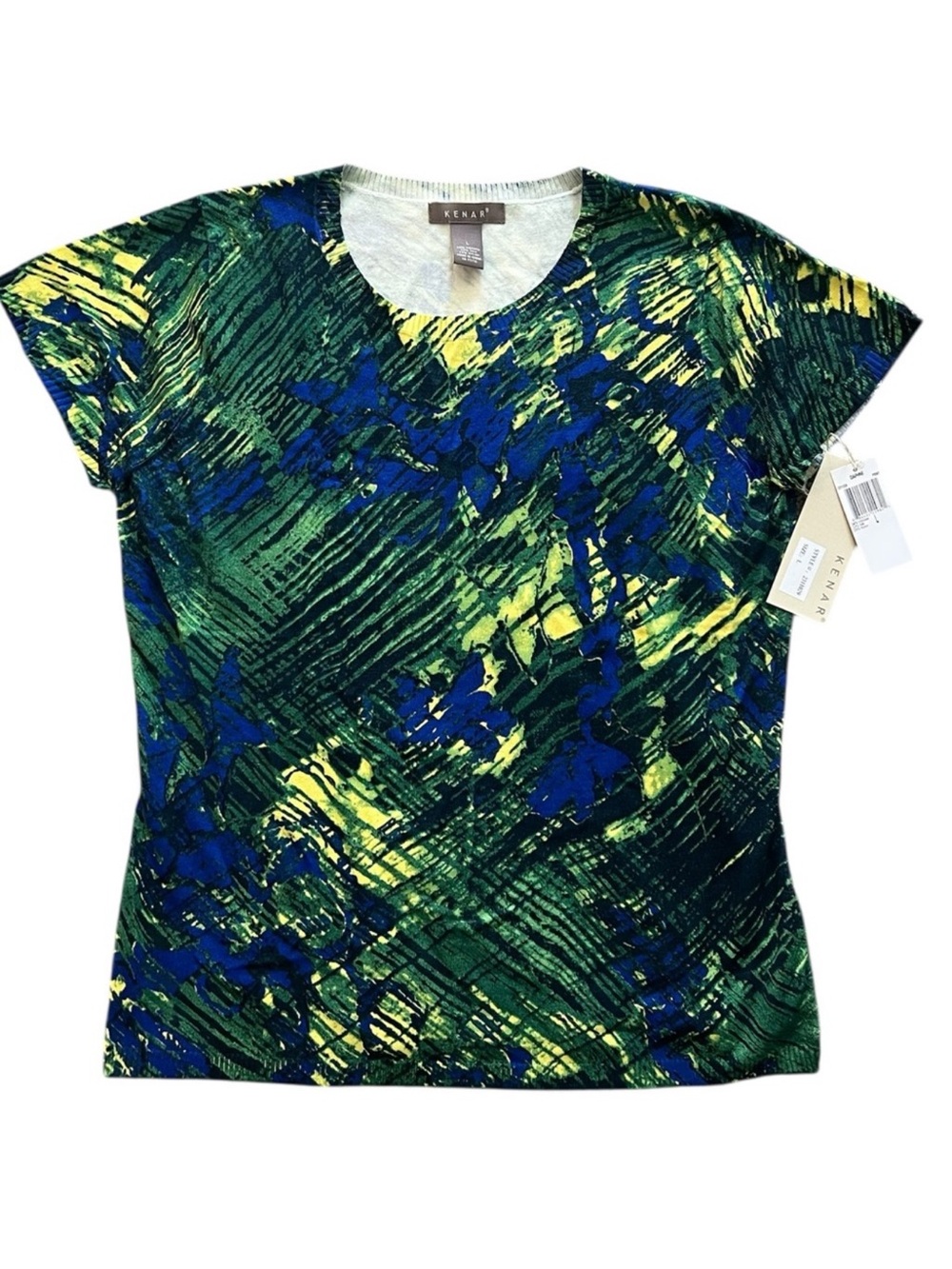 KENAR Silk Blend Short Sleeve Knit Top L Green Blue Abstract Print